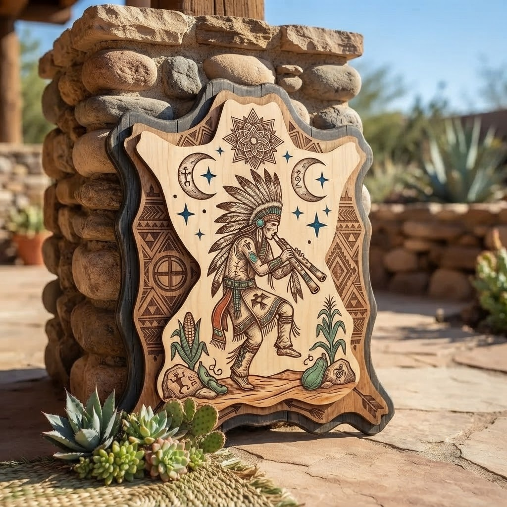 Native Flute Player 3 Layer Wooden Sign, Leather Hide Wall Art, Layered Wood Decor, Not 3D Printed, Southwestern Tribal Sign, Rustic Native Decor, Gift
