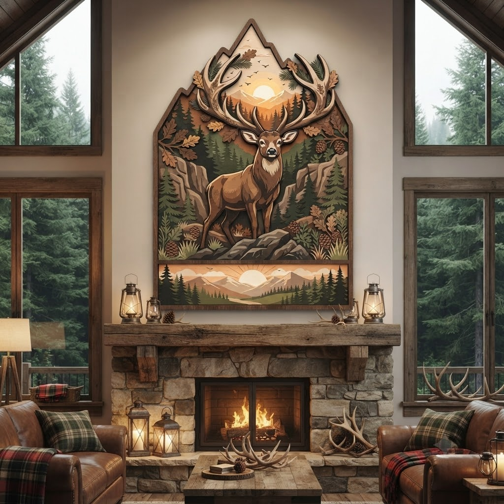 Majestic Deer Wooden Sign 3 Layer, Antlers Forest Wall Art, Rustic Lodge Decor, Wilderness Sign