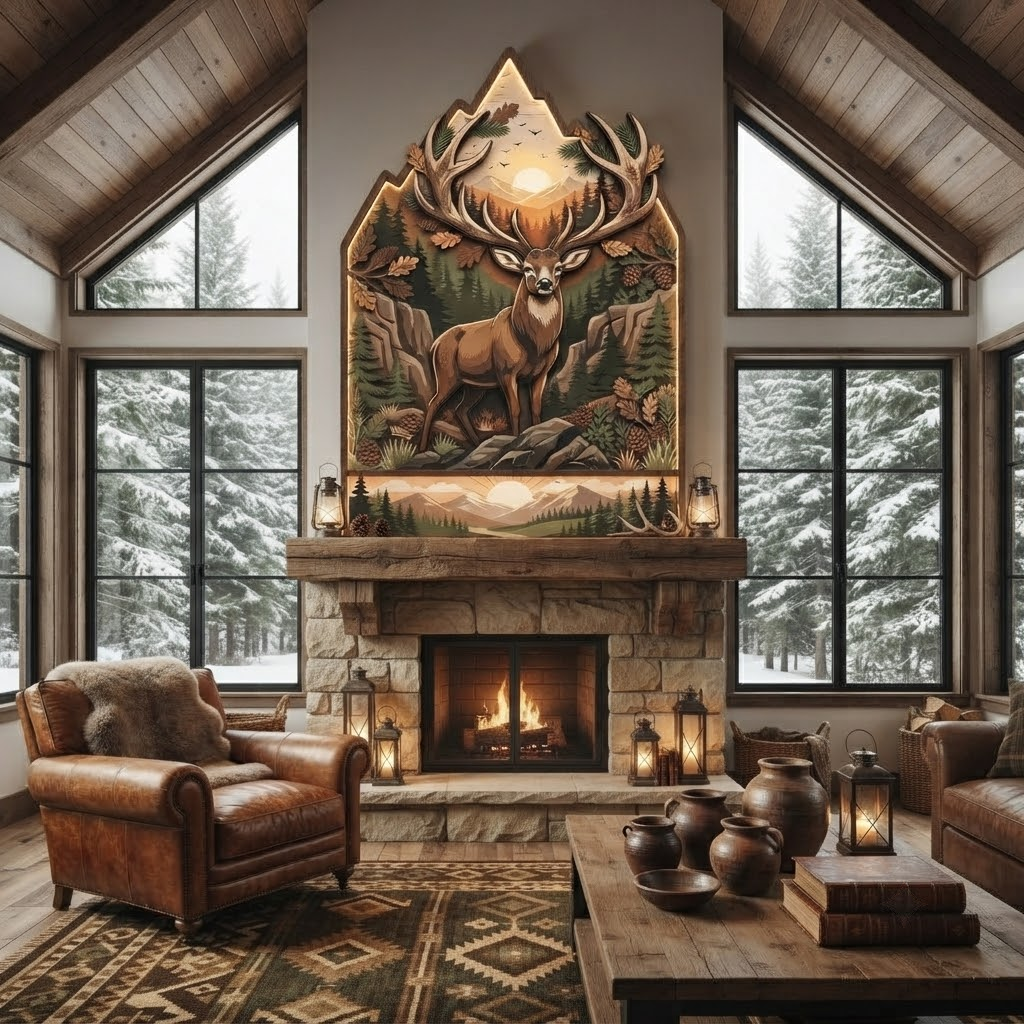 Majestic Deer Wooden Sign 3 Layer, Antlers Forest Wall Art, Rustic Lodge Decor, Wilderness Sign