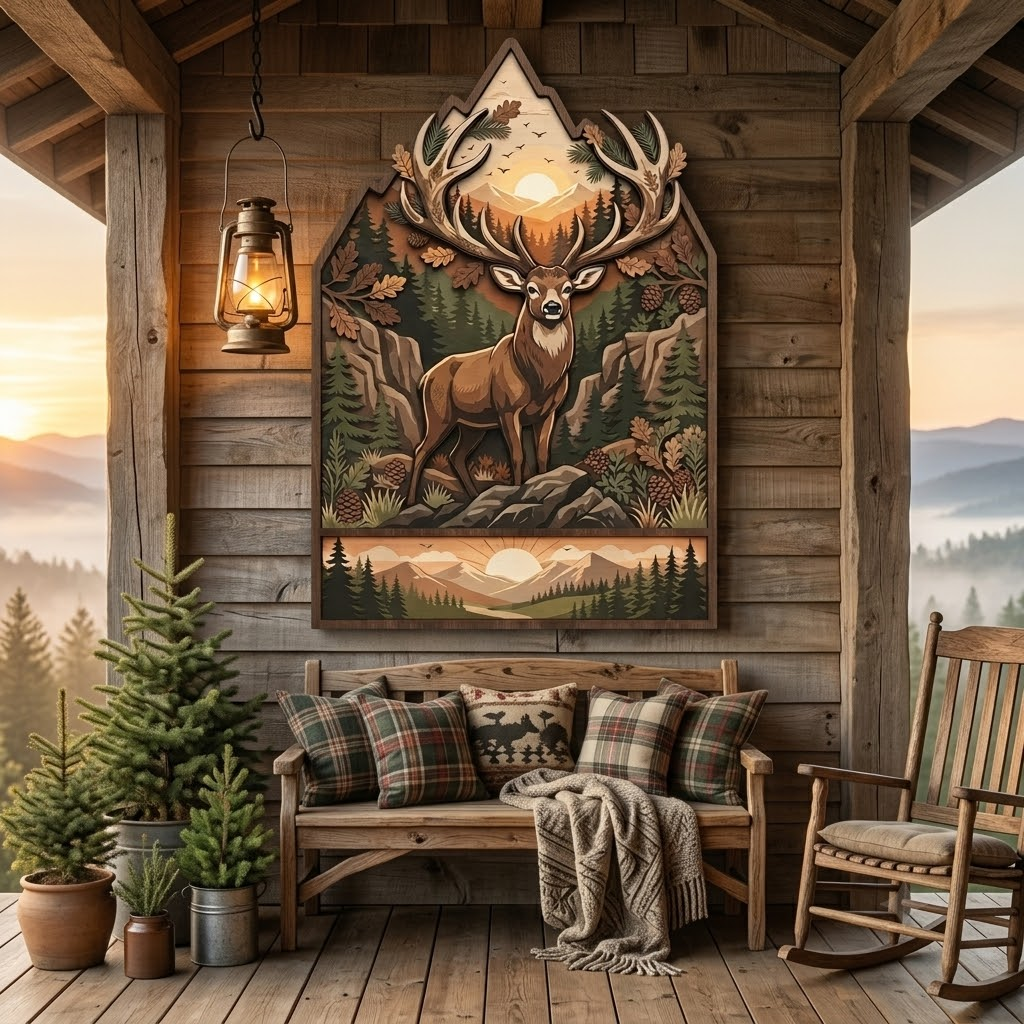 Majestic Deer Wooden Sign 3 Layer, Antlers Forest Wall Art, Rustic Lodge Decor, Wilderness Sign