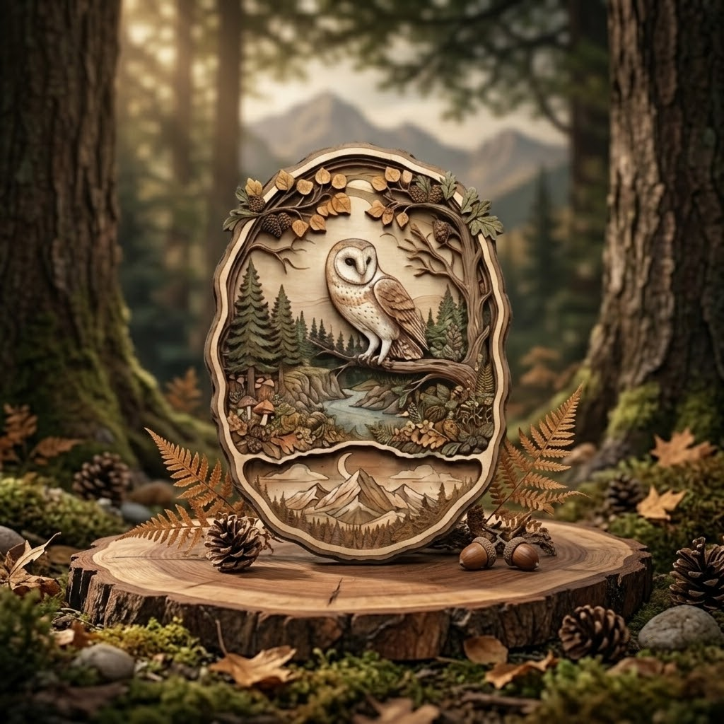 Barn Owl Wooden Sign 3 Layer, Woodland Forest Wall Art, Rustic Nature Decor, Tree Branch Sign