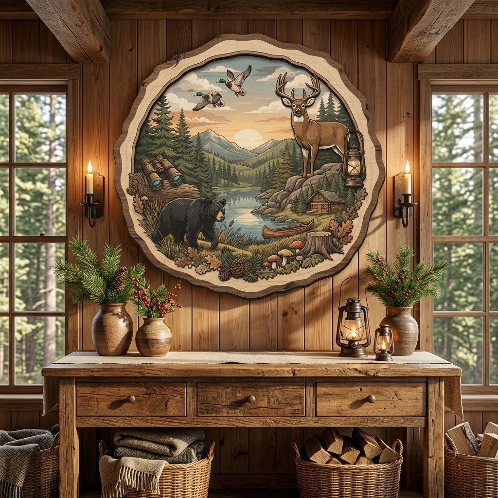Wildlife River Wooden Sign 3 Layer, Bear Deer and Ducks Wall Art, Rustic Cabin Decor, Wilderness Sign, 13 Sizes - From 8 to 32 Inches