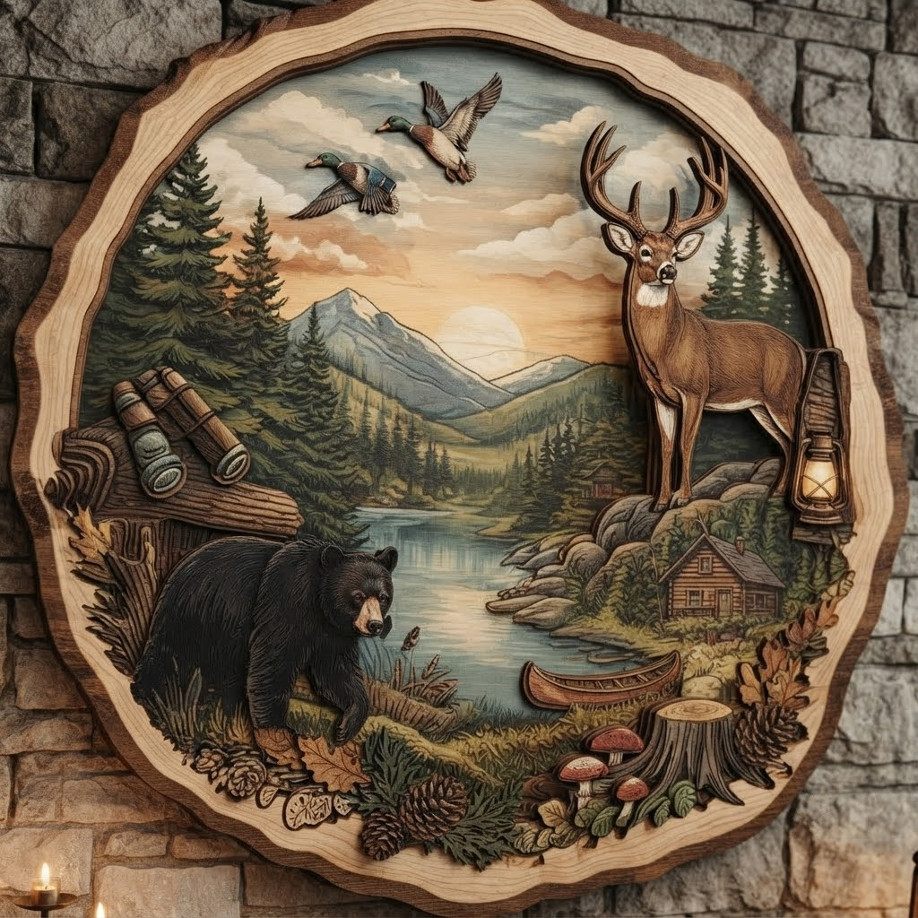 Wildlife River Wooden Sign 3 Layer, Bear Deer and Ducks Wall Art, Rustic Cabin Decor, Wilderness Sign, 13 Sizes - From 8 to 32 Inches