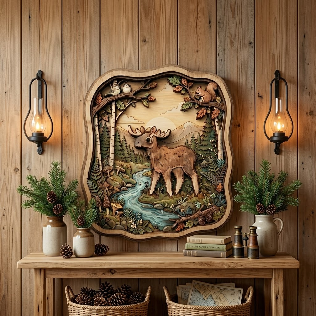 Moose Birch Forest Wooden Sign 3 Layer, Woodland Animals Wall Art, Rustic Cabin Decor, Nature Sign, 13 Sizes - From 8 to 32 Inches