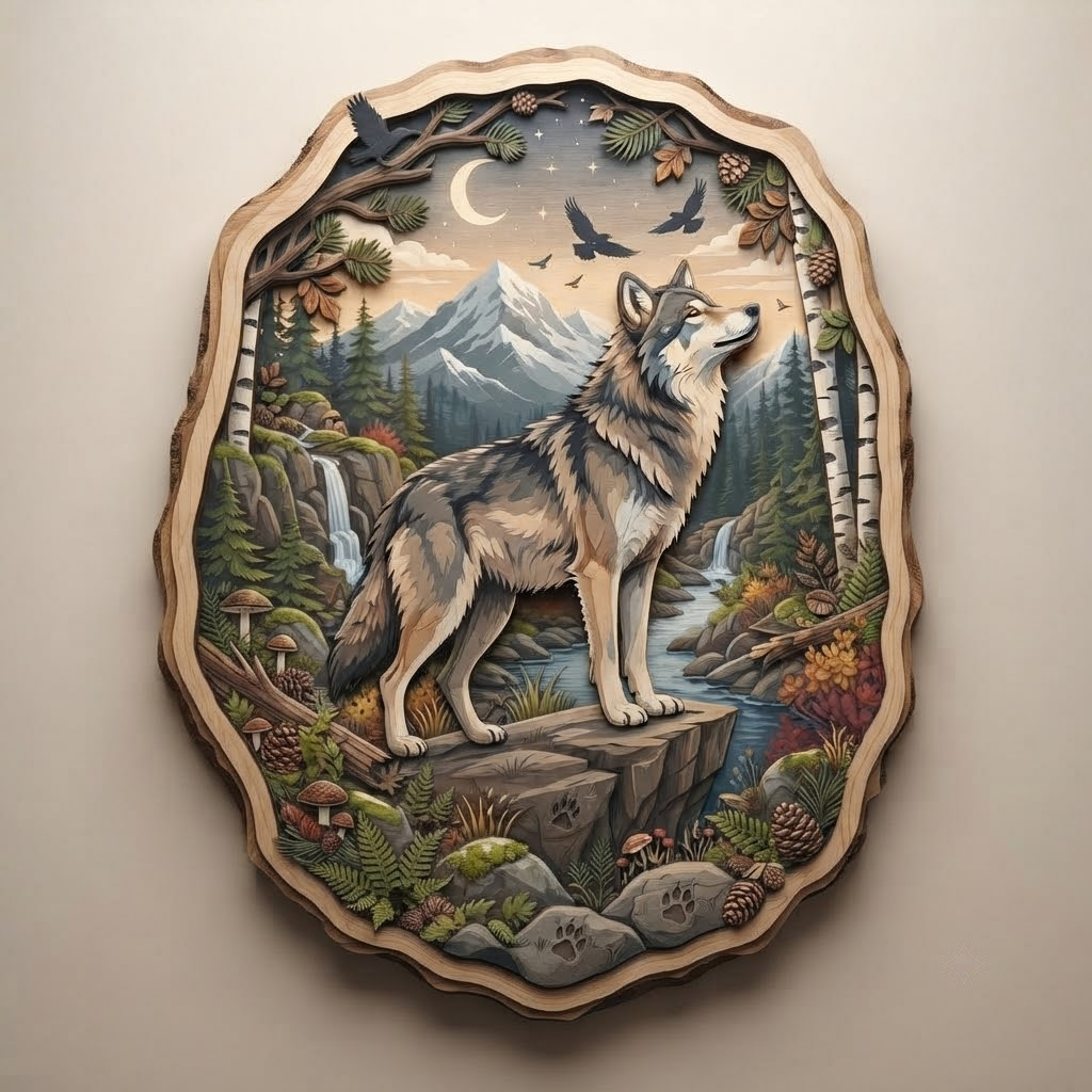 Lone Wolf Wooden Sign 3 Layer, Mountain Forest Wall Art, Rustic Wildlife Home Decor, Cabin Sign, 13 Sizes - From 8 to 32 Inches
