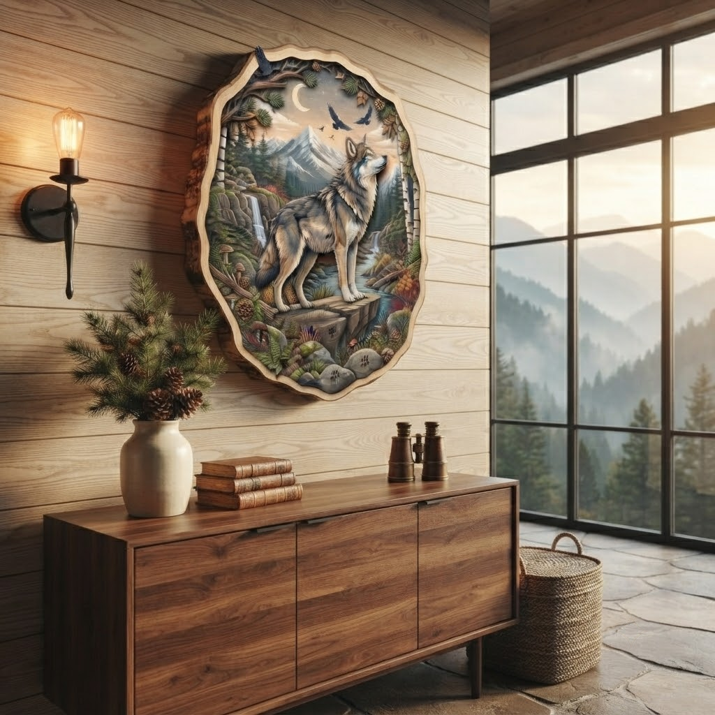 Lone Wolf Wooden Sign 3 Layer, Mountain Forest Wall Art, Rustic Wildlife Home Decor, Cabin Sign, 13 Sizes - From 8 to 32 Inches