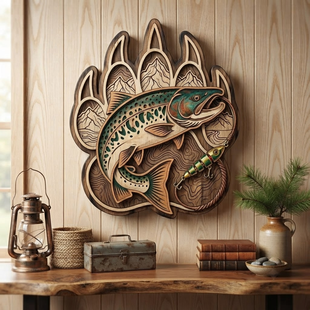 Bear Claw Trout Wooden Sign 3 Layer, Fishing Wall Art, Rustic Cabin Decor, Wilderness Sign, 13 Sizes - From 8 to 32 Inches