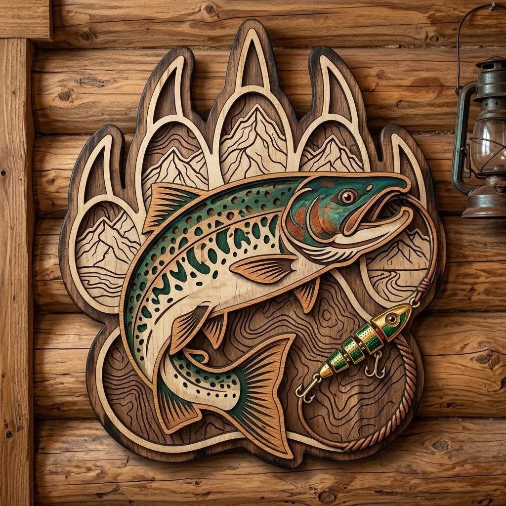 Bear Claw Trout Wooden Sign 3 Layer, Fishing Wall Art, Rustic Cabin Decor, Wilderness Sign, 13 Sizes - From 8 to 32 Inches