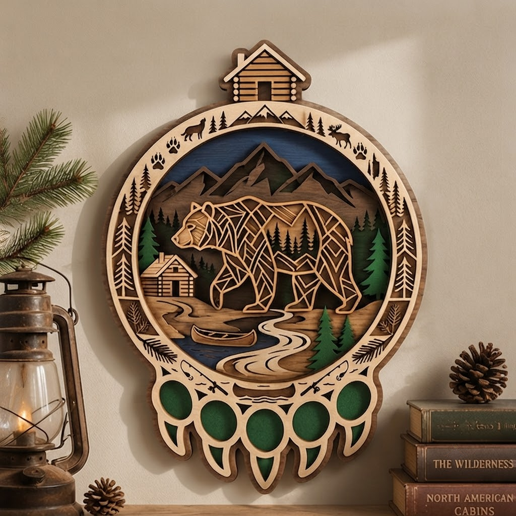 Geometric Bear Wooden Sign 3 Layer, Cabin River Wall Art, Rustic Wildlife Decor, Wilderness Sign, 13 Sizes - From 8 to 32 Inches