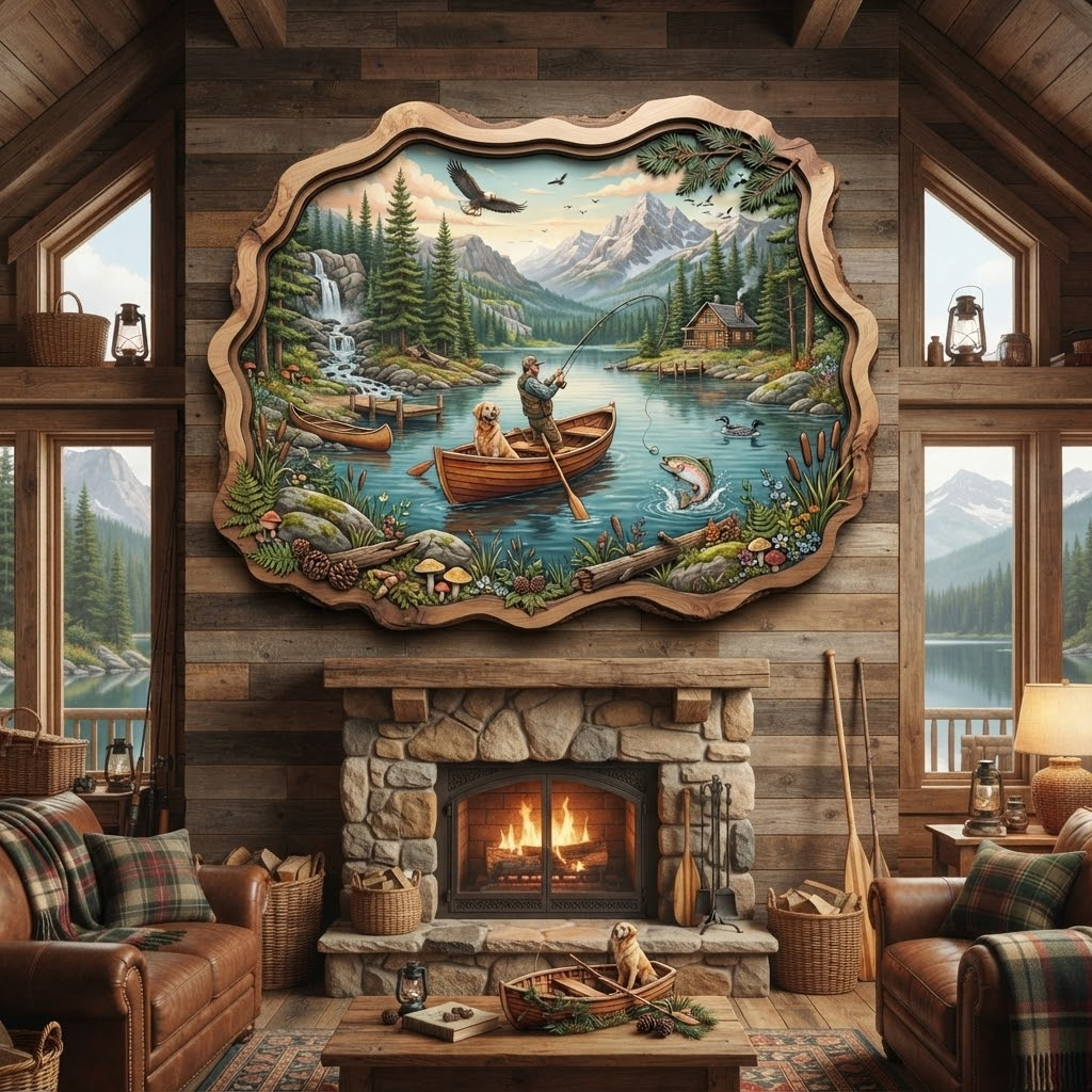 Fishing Lake Wooden Sign 3 Layer, Fisherman and Dog Wall Art, Rustic Cabin Decor, Wilderness Sign, 13 Sizes - From 8 to 32 Inches