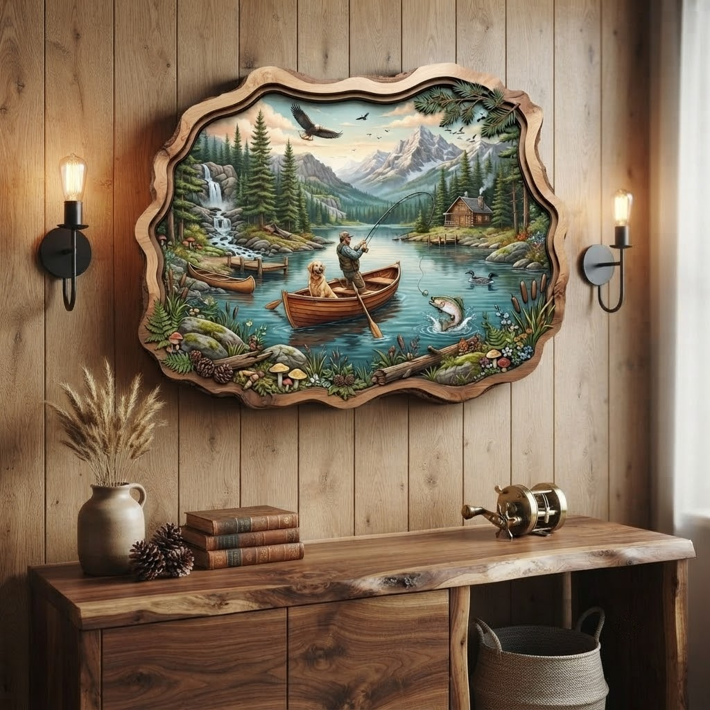 Fishing Lake Wooden Sign 3 Layer, Fisherman and Dog Wall Art, Rustic Cabin Decor, Wilderness Sign, 13 Sizes - From 8 to 32 Inches