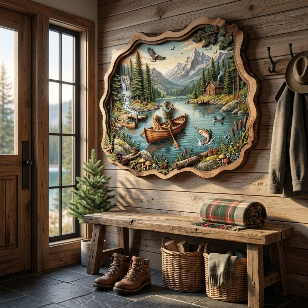 Fishing Lake Wooden Sign 3 Layer, Fisherman and Dog Wall Art, Rustic Cabin Decor, Wilderness Sign, 13 Sizes - From 8 to 32 Inches