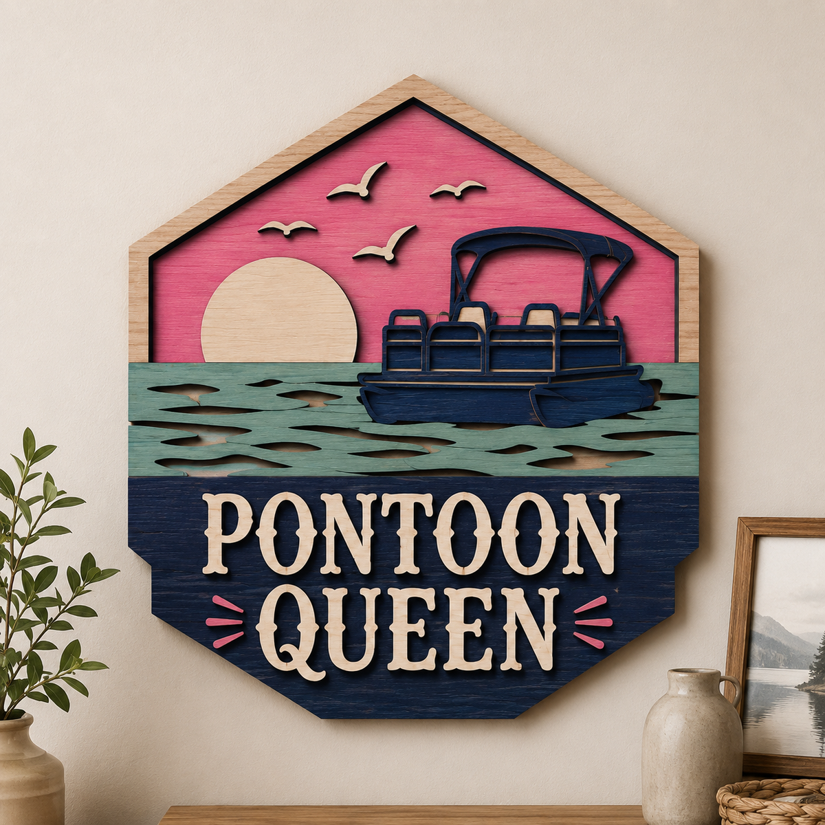 Pontoon Queen 3 Layer Wooden Sign, Sunset Lake Boat Wall Art, Layered Wood Decor, Not 3D Printed, Rustic Boating Home Decor, Lake House Sign, Gift for Boat Lovers