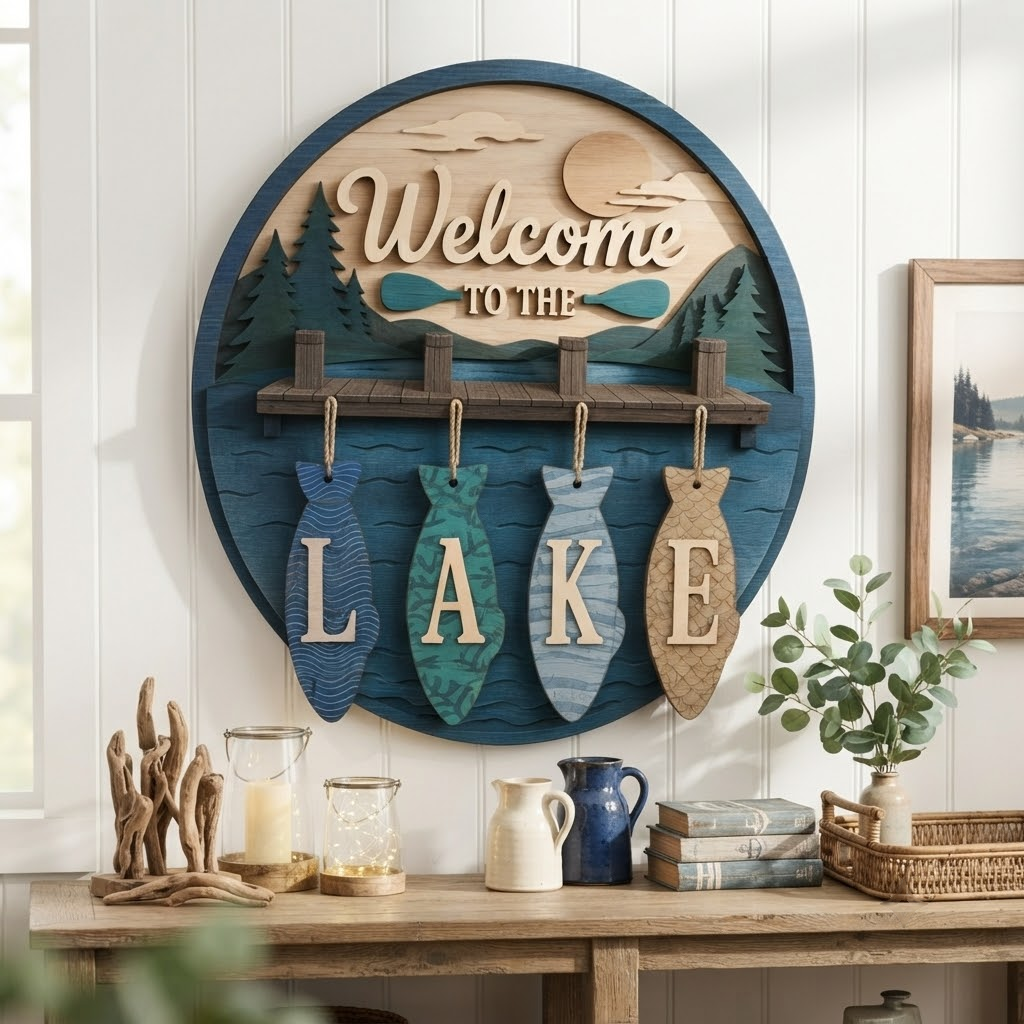 Welcome to the Lake 3 Layer Wooden Sign, Cabin Dock and Fish Wall Art, Layered Wood Decor, Not 3D Printed, Rustic Lake House Sign, Cabin Decor, Gift for Lake Lovers