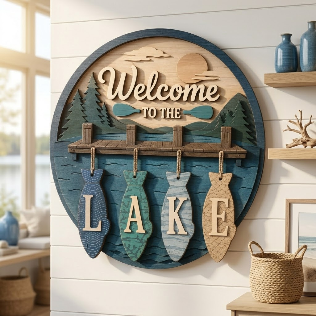 Welcome to the Lake 3 Layer Wooden Sign, Cabin Dock and Fish Wall Art, Layered Wood Decor, Not 3D Printed, Rustic Lake House Sign, Cabin Decor, Gift for Lake Lovers