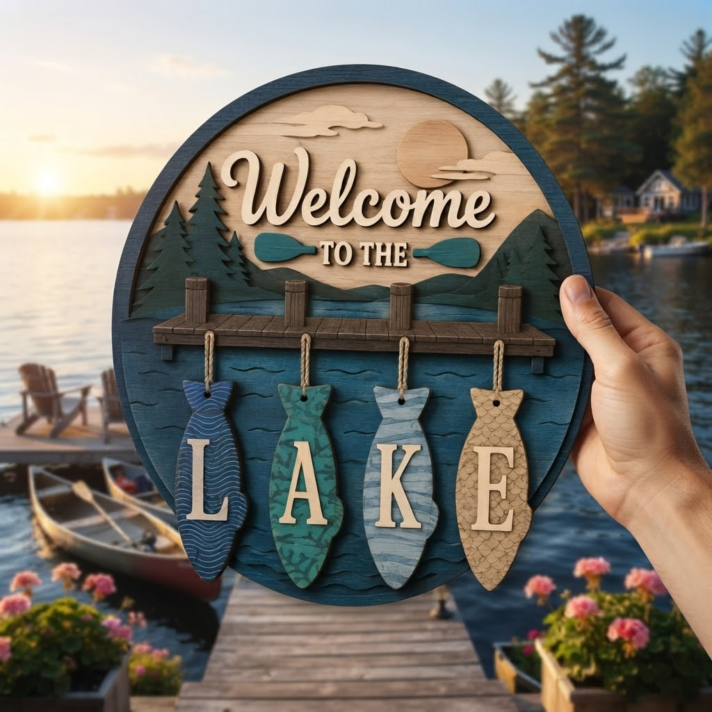 Welcome to the Lake 3 Layer Wooden Sign, Cabin Dock and Fish Wall Art, Layered Wood Decor, Not 3D Printed, Rustic Lake House Sign, Cabin Decor, Gift for Lake Lovers