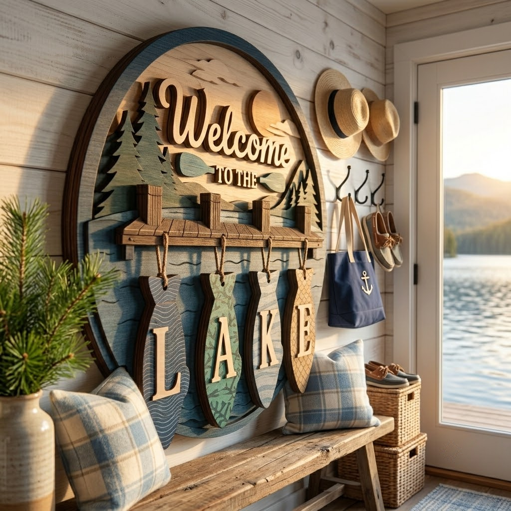 Welcome to the Lake 3 Layer Wooden Sign, Cabin Dock and Fish Wall Art, Layered Wood Decor, Not 3D Printed, Rustic Lake House Sign, Cabin Decor, Gift for Lake Lovers