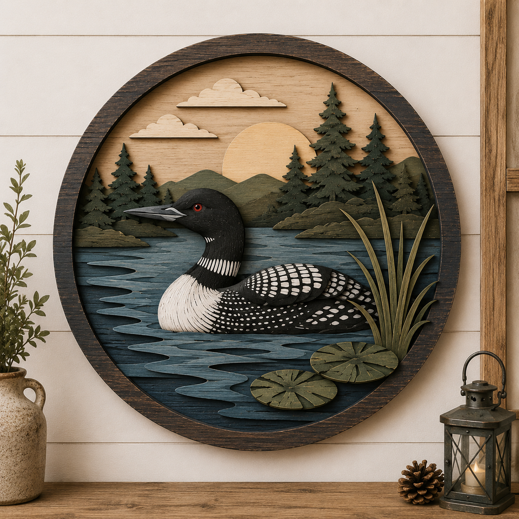 Loon Bird 3 Layer Wooden Sign, Peaceful Lake and Pine Trees Wall Art, Layered Wood Decor, Not 3D Printed, Rustic Cabin Wilderness Sign, Nature Wildlife Decor, Cabin Gift
