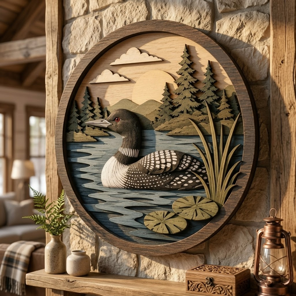 Loon Bird 3 Layer Wooden Sign, Peaceful Lake and Pine Trees Wall Art, Layered Wood Decor, Not 3D Printed, Rustic Cabin Wilderness Sign, Nature Wildlife Decor, Cabin Gift