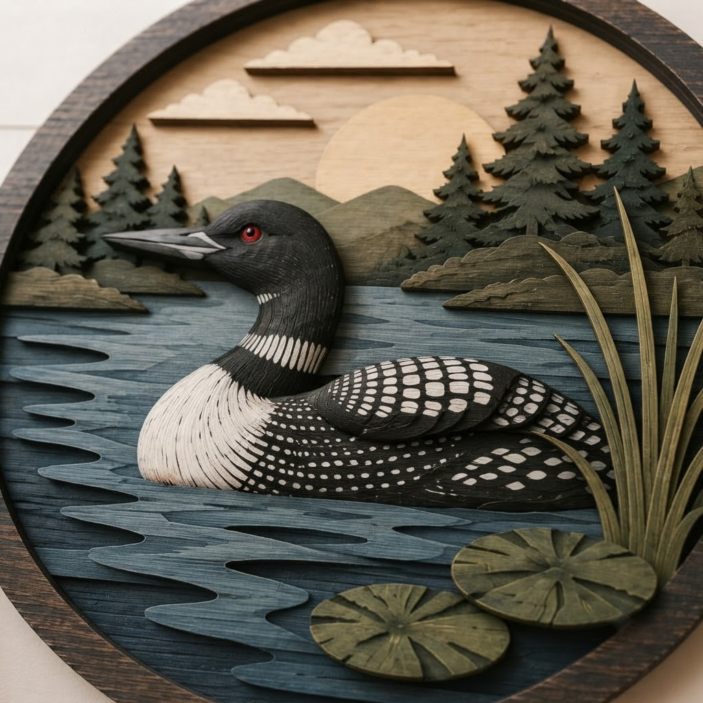 Loon Bird 3 Layer Wooden Sign, Peaceful Lake and Pine Trees Wall Art, Layered Wood Decor, Not 3D Printed, Rustic Cabin Wilderness Sign, Nature Wildlife Decor, Cabin Gift