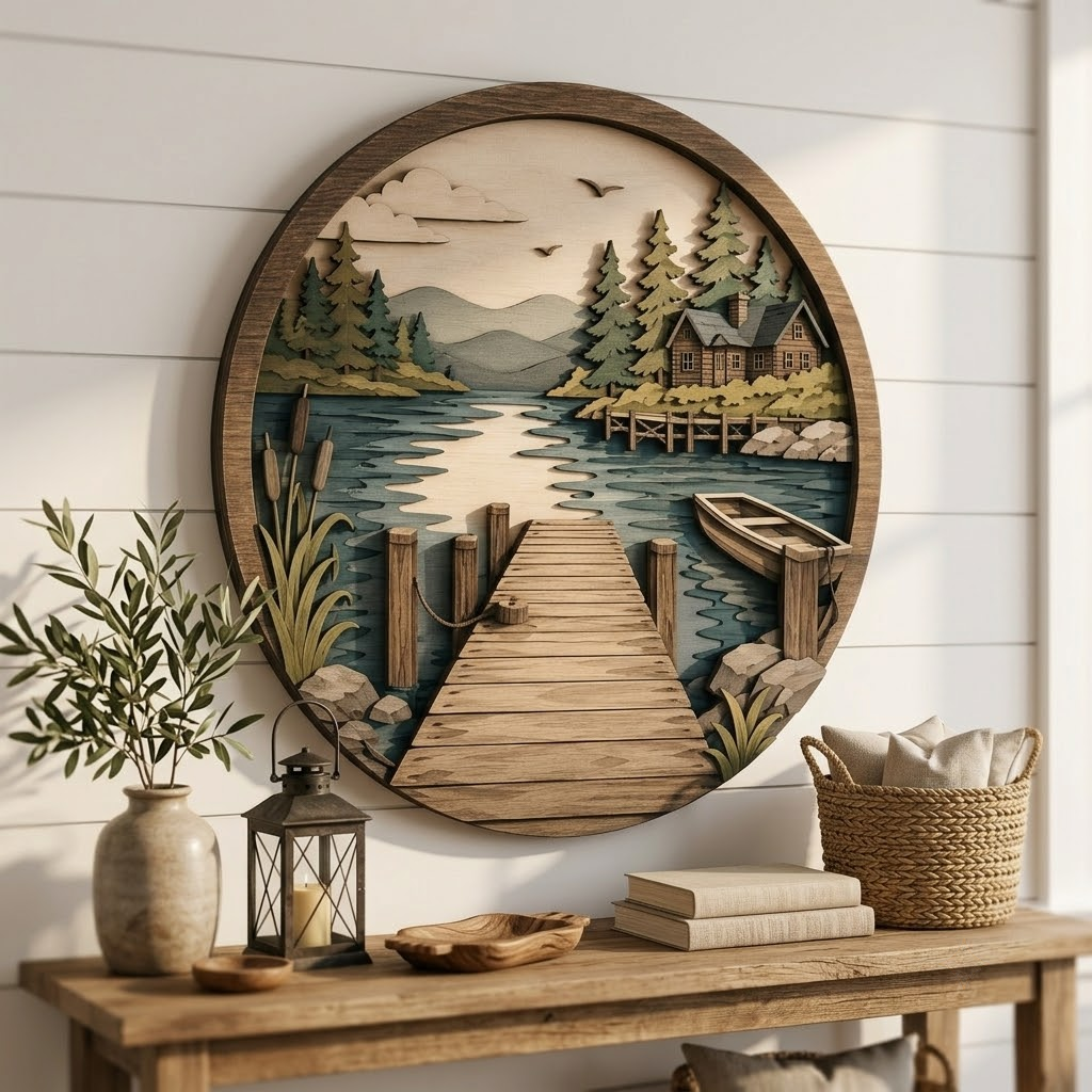 Lake Cabin 3 Layer Wooden Sign, Rustic Pier and Forest Wall Art, Layered Wood Decor, Not 3D Printed, Lake House Wall Sign, Wilderness Cabin Decor, Nature Lover Gift