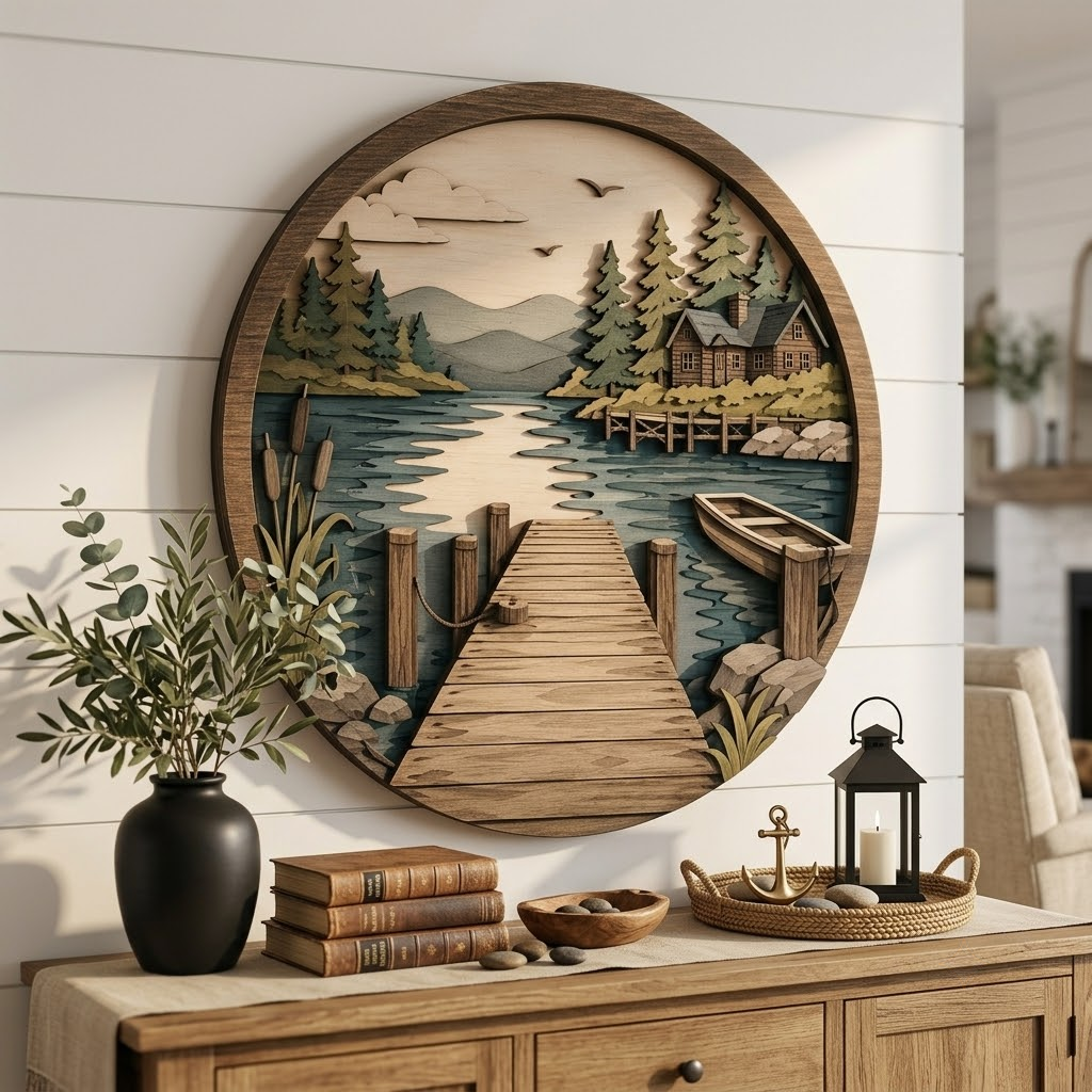 Lake Cabin 3 Layer Wooden Sign, Rustic Pier and Forest Wall Art, Layered Wood Decor, Not 3D Printed, Lake House Wall Sign, Wilderness Cabin Decor, Nature Lover Gift