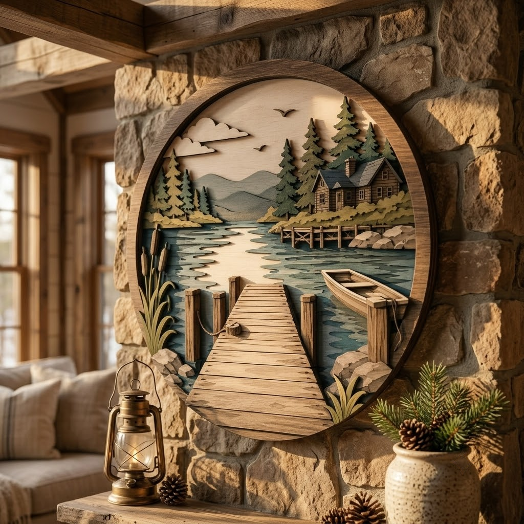 Lake Cabin 3 Layer Wooden Sign, Rustic Pier and Forest Wall Art, Layered Wood Decor, Not 3D Printed, Lake House Wall Sign, Wilderness Cabin Decor, Nature Lover Gift