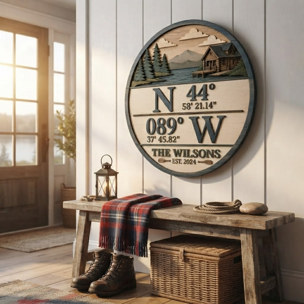Personalized Coordinates 3 Layer Wooden Sign, Cabin Lake House Wall Art, Layered Wood Decor, Not 3D Printed, Custom Family Name Sign, Rustic Cabin Decor, Housewarming Gift