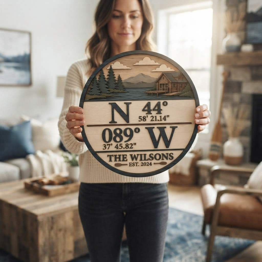 Personalized Coordinates 3 Layer Wooden Sign, Cabin Lake House Wall Art, Layered Wood Decor, Not 3D Printed, Custom Family Name Sign, Rustic Cabin Decor, Housewarming Gift