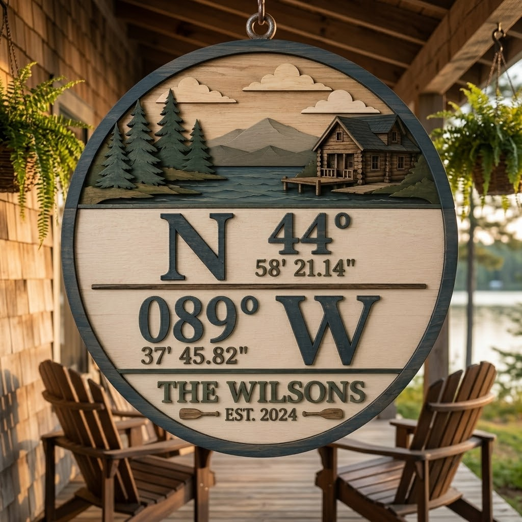 Personalized Coordinates 3 Layer Wooden Sign, Cabin Lake House Wall Art, Layered Wood Decor, Not 3D Printed, Custom Family Name Sign, Rustic Cabin Decor, Housewarming Gift