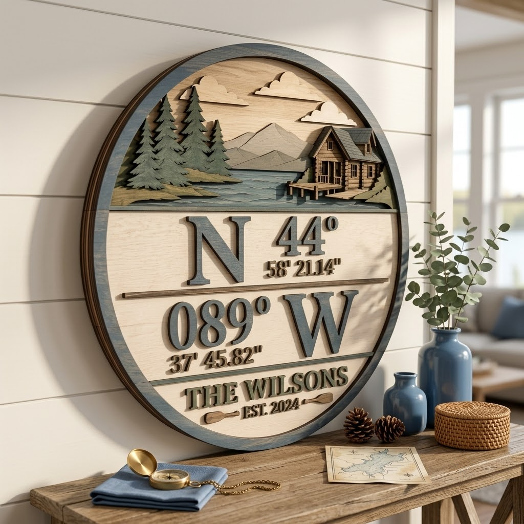Personalized Coordinates 3 Layer Wooden Sign, Cabin Lake House Wall Art, Layered Wood Decor, Not 3D Printed, Custom Family Name Sign, Rustic Cabin Decor, Housewarming Gift