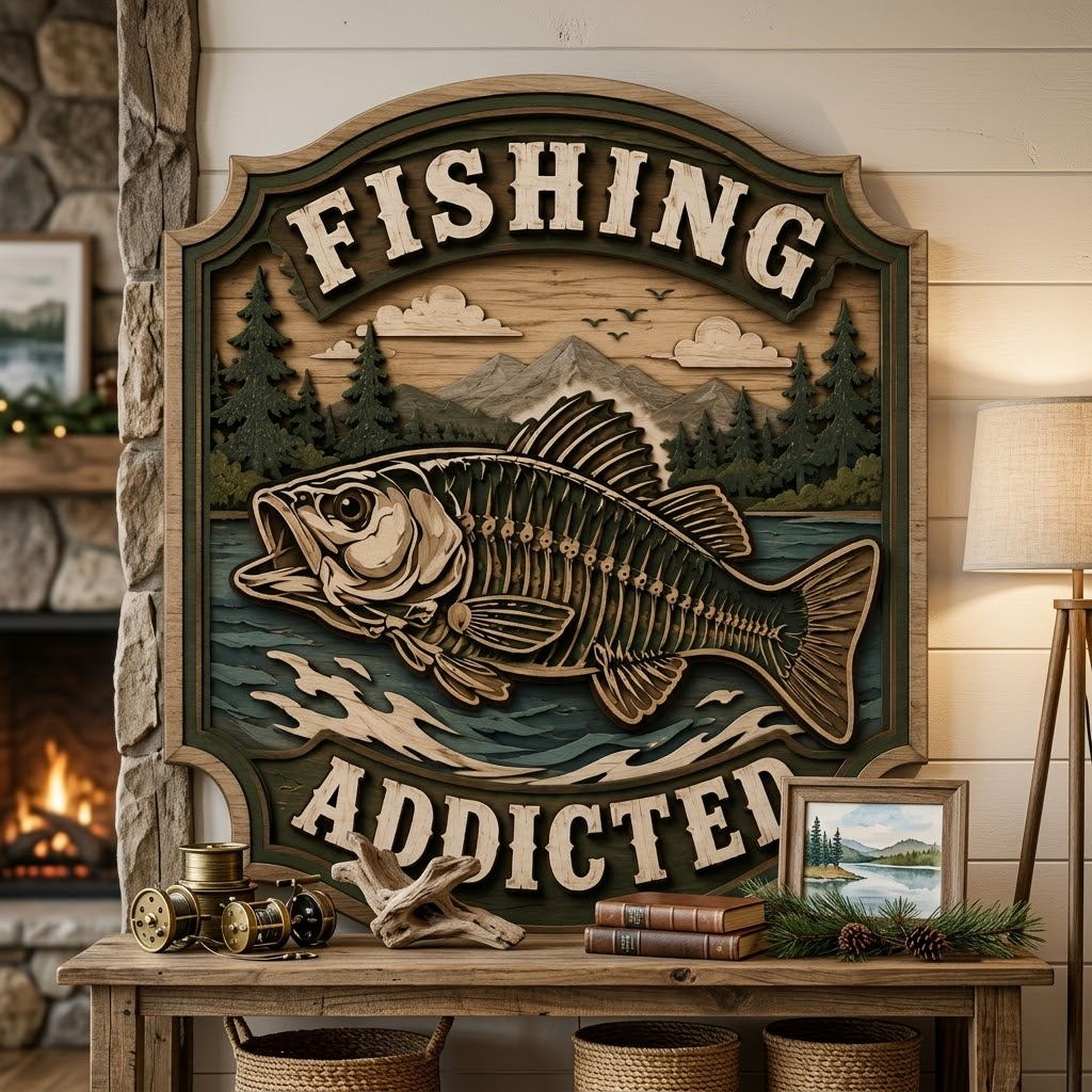 Fishing Addicted 3 Layer Wooden Sign, Bass Skeleton Wall Art, Layered Wood Decor, Not 3D Printed, Fisherman Gift Sign, Rustic Cabin Fishing Decor, Outdoorsman Sign