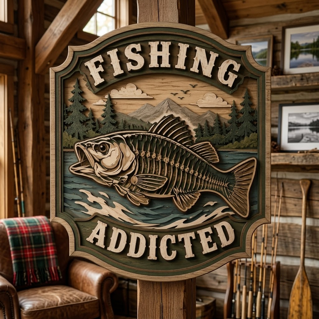 Fishing Addicted 3 Layer Wooden Sign, Bass Skeleton Wall Art, Layered Wood Decor, Not 3D Printed, Fisherman Gift Sign, Rustic Cabin Fishing Decor, Outdoorsman Sign
