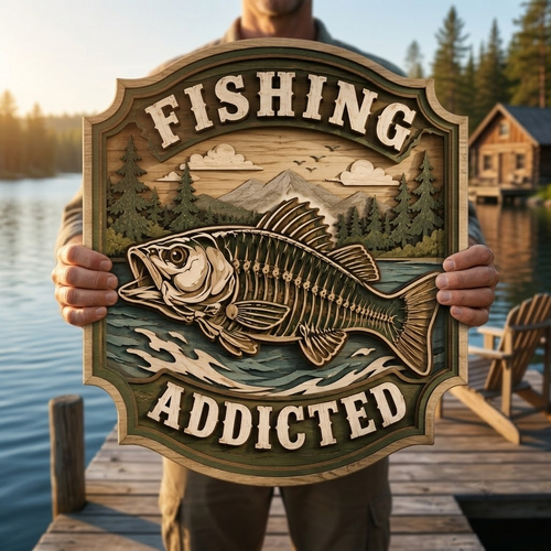 Fishing Addicted 3 Layer Wooden Sign, Bass Skeleton Wall Art, Layered Wood Decor, Not 3D Printed, Fisherman Gift Sign, Rustic Cabin Fishing Decor, Outdoorsman Sign