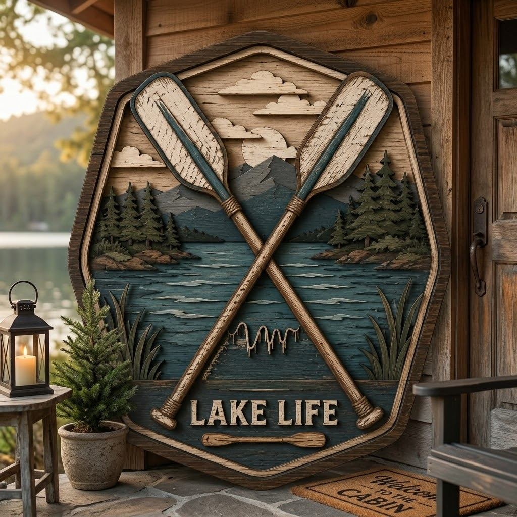 Lake Life 3 Layer Wooden Sign, Crossed Oars Wall Art, Layered Wood Decor, Not 3D Printed, Rustic Lake House Sign, Cabin Boat Decor, Gift for Lake Lovers
