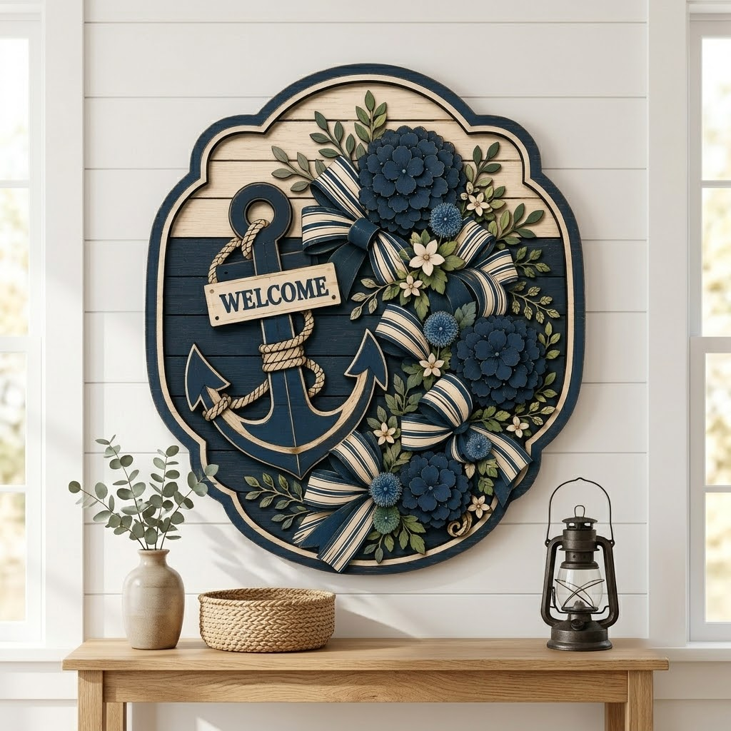 Nautical Welcome 3 Layer Wooden Sign, Anchor and Blue Floral Bow Wall Art, Layered Wood Decor, Not 3D Printed, Coastal Cottage Decor, Lake House Sign, Beach House Gift