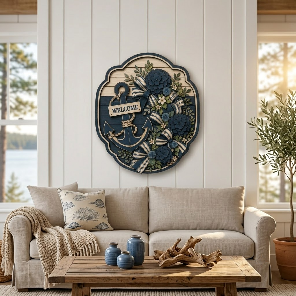 Nautical Welcome 3 Layer Wooden Sign, Anchor and Blue Floral Bow Wall Art, Layered Wood Decor, Not 3D Printed, Coastal Cottage Decor, Lake House Sign, Beach House Gift
