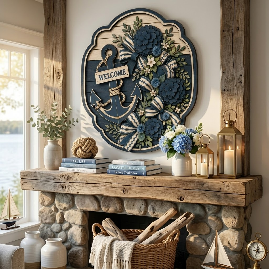 Nautical Welcome 3 Layer Wooden Sign, Anchor and Blue Floral Bow Wall Art, Layered Wood Decor, Not 3D Printed, Coastal Cottage Decor, Lake House Sign, Beach House Gift