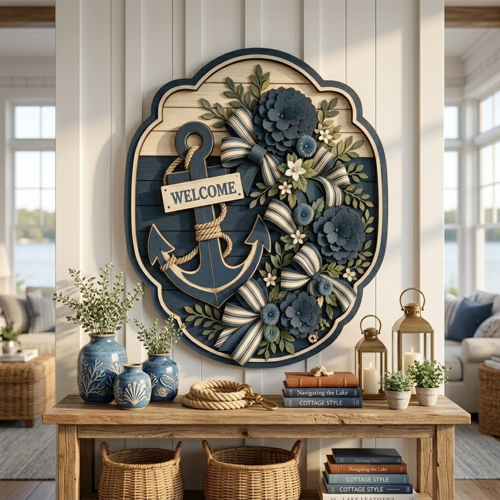 Nautical Welcome 3 Layer Wooden Sign, Anchor and Blue Floral Bow Wall Art, Layered Wood Decor, Not 3D Printed, Coastal Cottage Decor, Lake House Sign, Beach House Gift