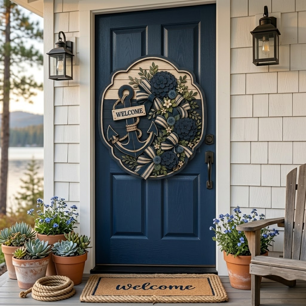 Nautical Welcome 3 Layer Wooden Sign, Anchor and Blue Floral Bow Wall Art, Layered Wood Decor, Not 3D Printed, Coastal Cottage Decor, Lake House Sign, Beach House Gift