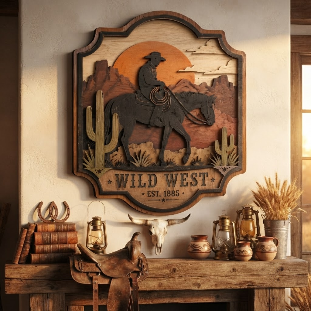 Wild West Cowboy 3 Layer Wooden Sign, Sunset Desert Wall Art, Layered Wood Decor, Not 3D Printed, Western Home Decor, Cowboy Horse Sign, Rustic Ranch Gift