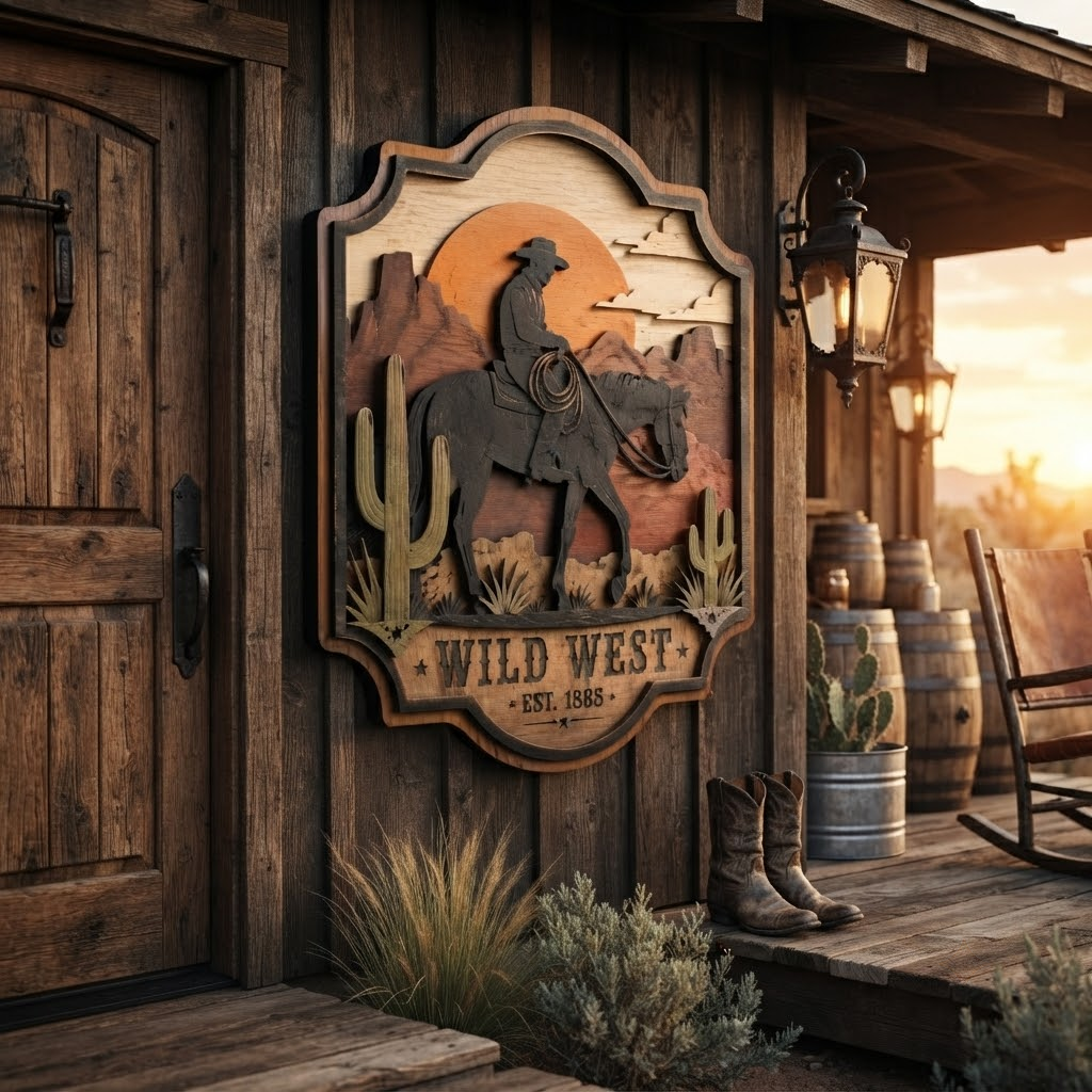 Wild West Cowboy 3 Layer Wooden Sign, Sunset Desert Wall Art, Layered Wood Decor, Not 3D Printed, Western Home Decor, Cowboy Horse Sign, Rustic Ranch Gift
