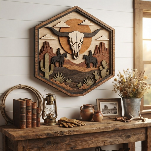 Bull Skull Desert 3 Layer Wooden Sign, Western Cowboys Wall Art, Layered Wood Decor, Not 3D Printed, Rustic Ranch Hex Sign, Southwestern Decor, Cowboy Gift