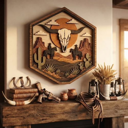 Bull Skull Desert 3 Layer Wooden Sign, Western Cowboys Wall Art, Layered Wood Decor, Not 3D Printed, Rustic Ranch Hex Sign, Southwestern Decor, Cowboy Gift