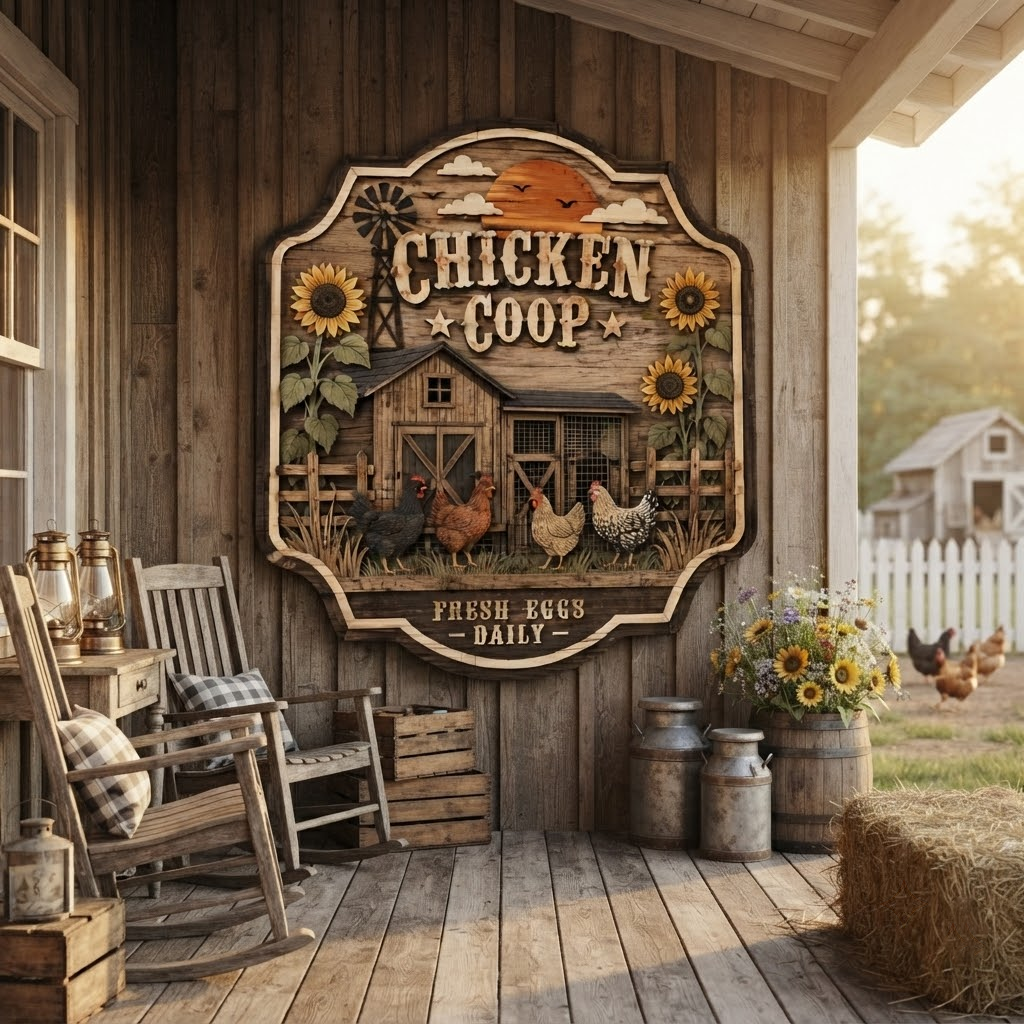 Chicken Coop Fresh Eggs Daily 3 Layer Wooden Sign, Farmhouse Wall Art, Layered Wood Decor, Not 3D Printed, Rustic Farm Sign, Country Kitchen Decor, Chicken Lover Gift