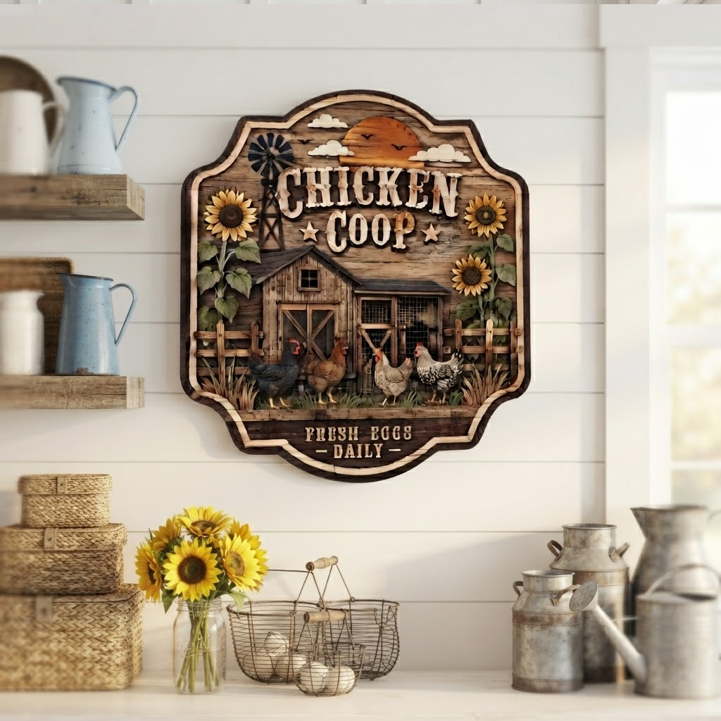 Chicken Coop Fresh Eggs Daily 3 Layer Wooden Sign, Farmhouse Wall Art, Layered Wood Decor, Not 3D Printed, Rustic Farm Sign, Country Kitchen Decor, Chicken Lover Gift