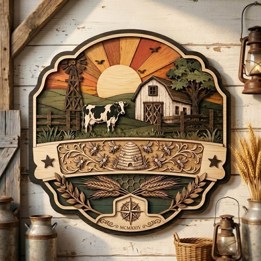 Farm Sunset Cow and Beehive 3 Layer Wooden Sign, Countryside Wall Art, Layered Wood Decor, Not 3D Printed, Rustic Farmhouse Sign, Homestead Decor, Country Gift