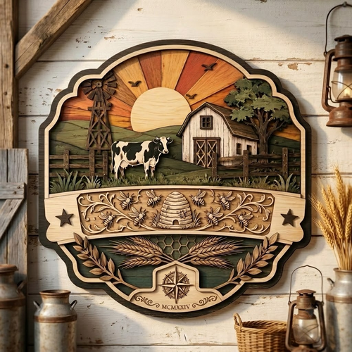 Farm Sunset Cow and Beehive 3 Layer Wooden Sign, Countryside Wall Art, Layered Wood Decor, Not 3D Printed, Rustic Farmhouse Sign, Homestead Decor, Country Gift