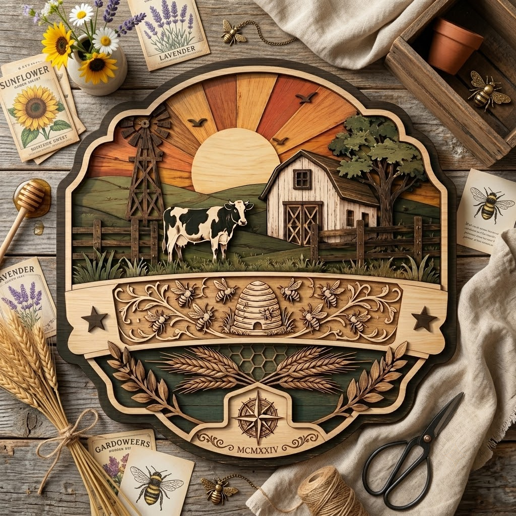 Farm Sunset Cow and Beehive 3 Layer Wooden Sign, Countryside Wall Art, Layered Wood Decor, Not 3D Printed, Rustic Farmhouse Sign, Homestead Decor, Country Gift