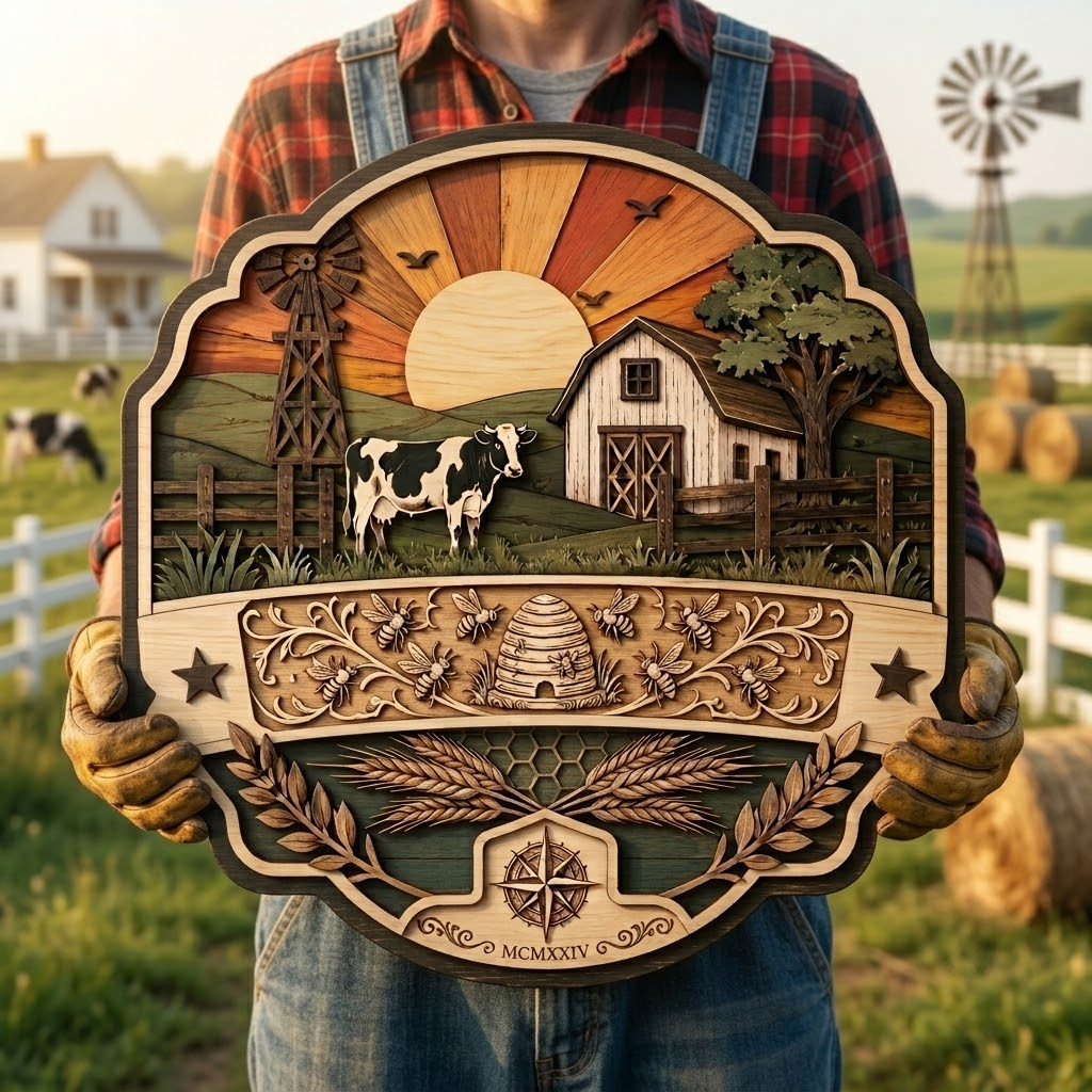 Farm Sunset Cow and Beehive 3 Layer Wooden Sign, Countryside Wall Art, Layered Wood Decor, Not 3D Printed, Rustic Farmhouse Sign, Homestead Decor, Country Gift